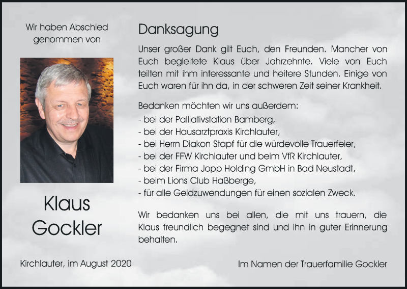  Traueranzeige für Klaus Gockler vom 22.08.2020 aus MGO