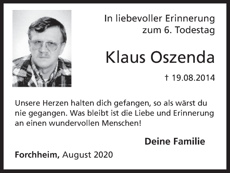  Traueranzeige für Klaus Oszenda vom 19.08.2020 aus MGO