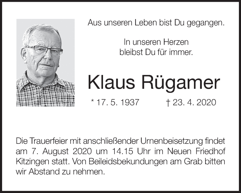  Traueranzeige für Klaus Rügamer vom 01.08.2020 aus MGO
