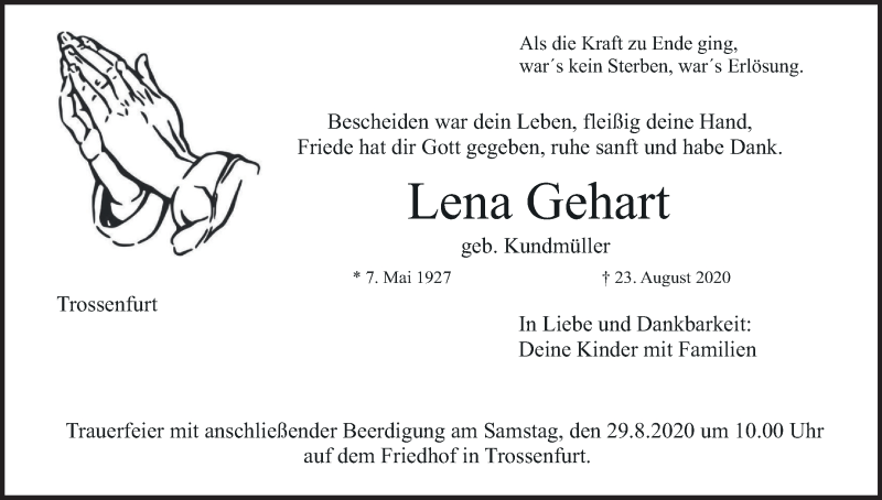  Traueranzeige für Lena Gehart vom 26.08.2020 aus MGO