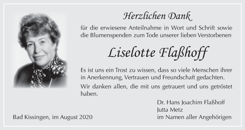  Traueranzeige für Liselotte Flaßhoff vom 29.08.2020 aus MGO