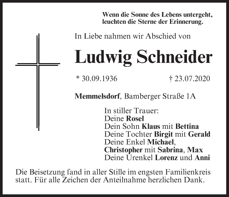  Traueranzeige für Ludwig Schneider vom 08.08.2020 aus MGO