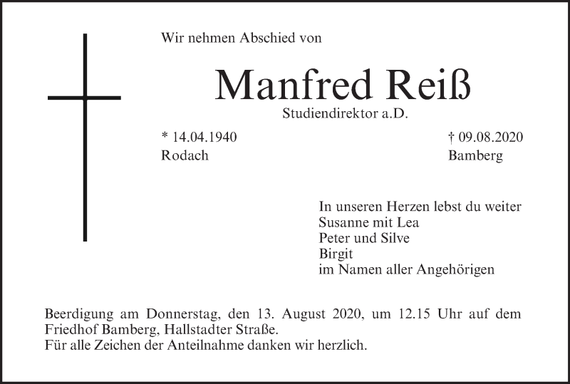  Traueranzeige für Manfred Reiß vom 12.08.2020 aus MGO