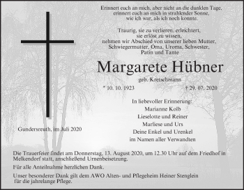 Anzeige von Margarete Hübner von MGO