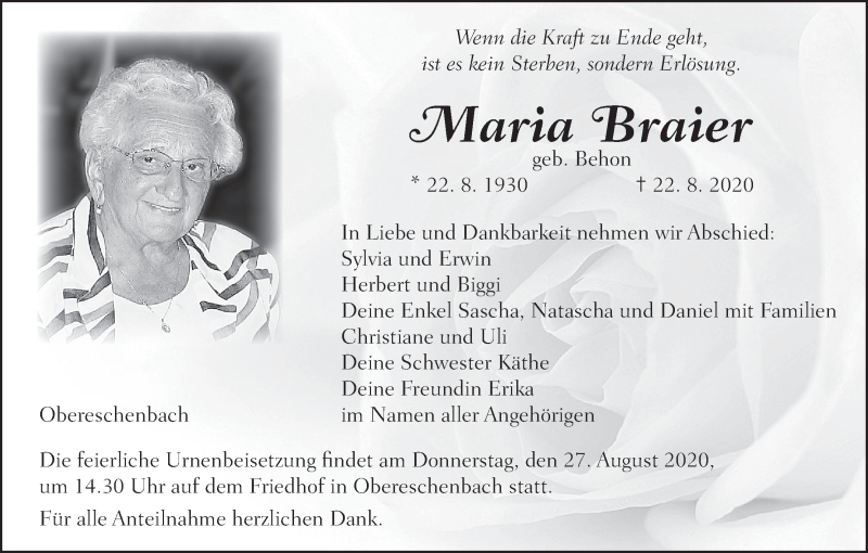  Traueranzeige für Maria Braier vom 25.08.2020 aus MGO