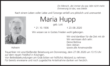 Anzeige von Maria Hupp von MGO
