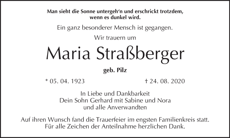  Traueranzeige für Maria Straßberger vom 29.08.2020 aus MGO