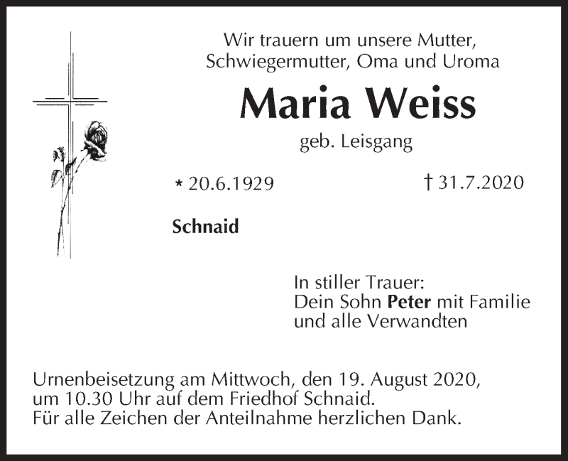  Traueranzeige für Maria Weiss vom 15.08.2020 aus MGO