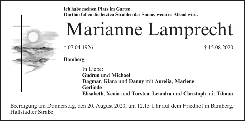  Traueranzeige für Marianne Lamprecht vom 18.08.2020 aus MGO