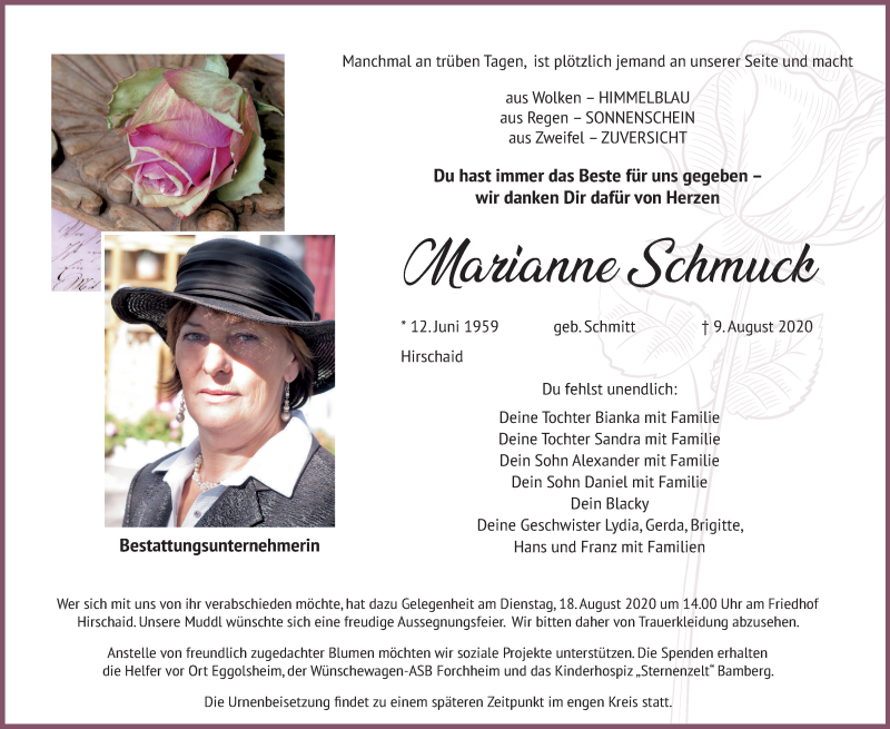  Traueranzeige für Marianne Schmuck vom 15.08.2020 aus MGO