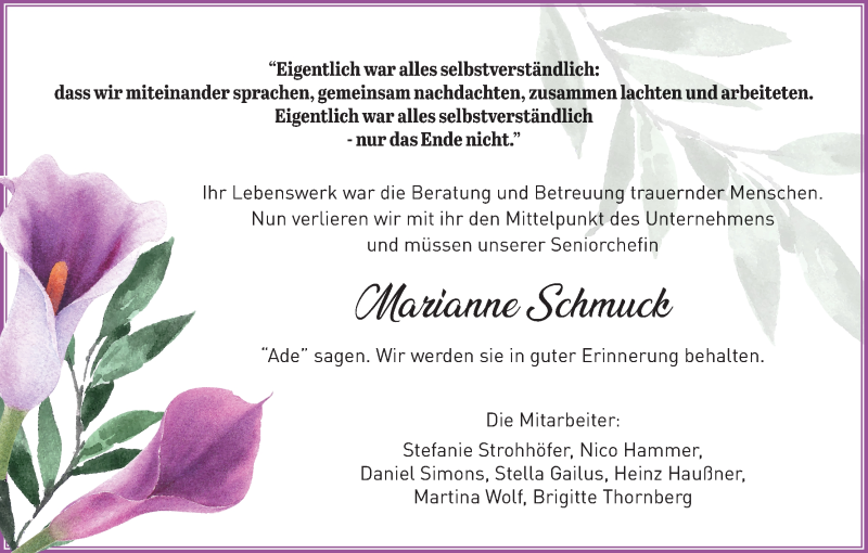  Traueranzeige für Marianne Schmuck vom 15.08.2020 aus MGO