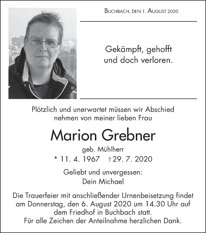  Traueranzeige für Marion Grebner vom 01.08.2020 aus MGO