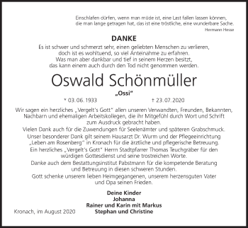 Anzeige von Oswald Schönmüller von MGO