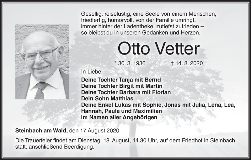  Traueranzeige für Otto Vetter vom 17.08.2020 aus MGO