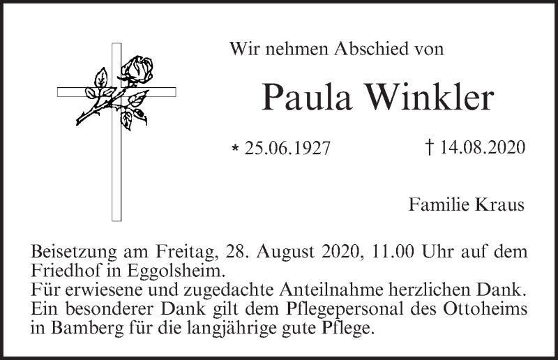  Traueranzeige für Paula Winkler vom 22.08.2020 aus MGO