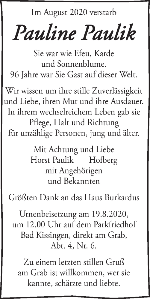  Traueranzeige für Pauline Paulik vom 15.08.2020 aus MGO