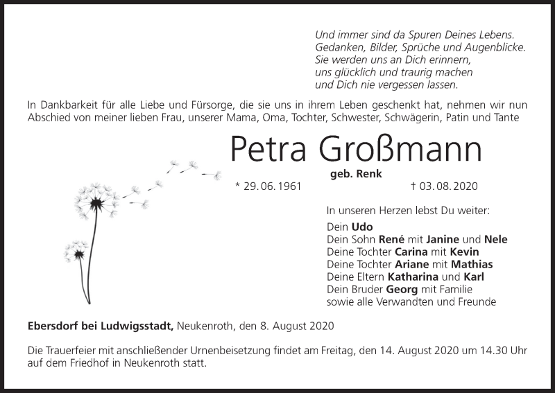  Traueranzeige für Petra Großmann vom 08.08.2020 aus MGO