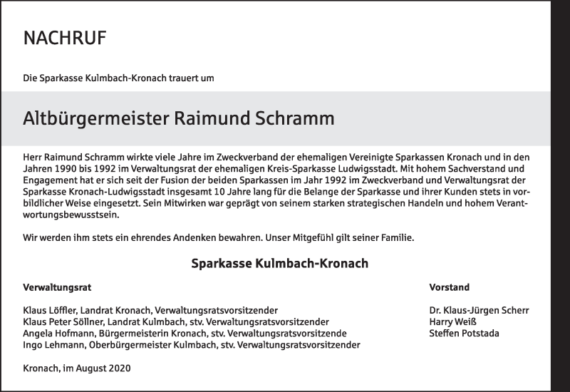  Traueranzeige für Raimund Schramm vom 12.08.2020 aus MGO