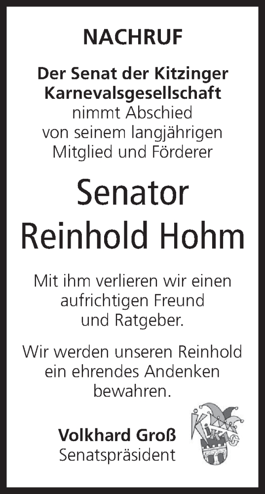  Traueranzeige für Reinhold Hohm vom 08.08.2020 aus MGO