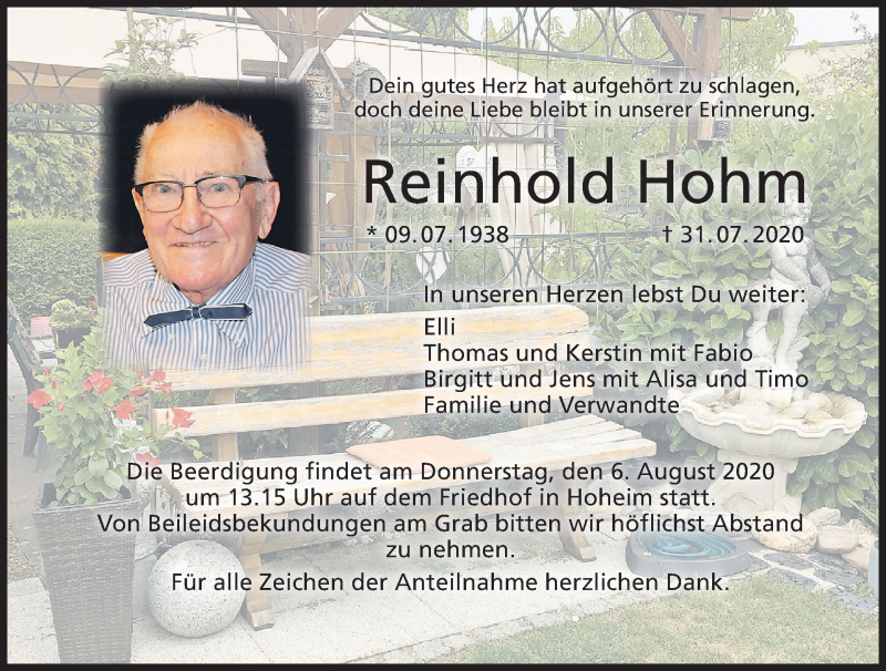  Traueranzeige für Reinhold Hohm vom 05.08.2020 aus MGO