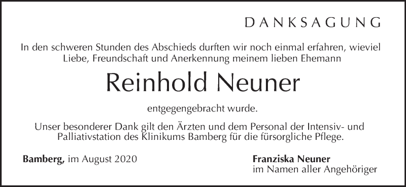  Traueranzeige für Reinhold Neuner vom 29.08.2020 aus MGO