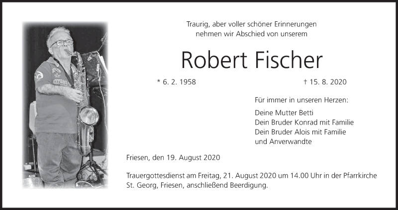  Traueranzeige für Robert Fischer vom 19.08.2020 aus MGO