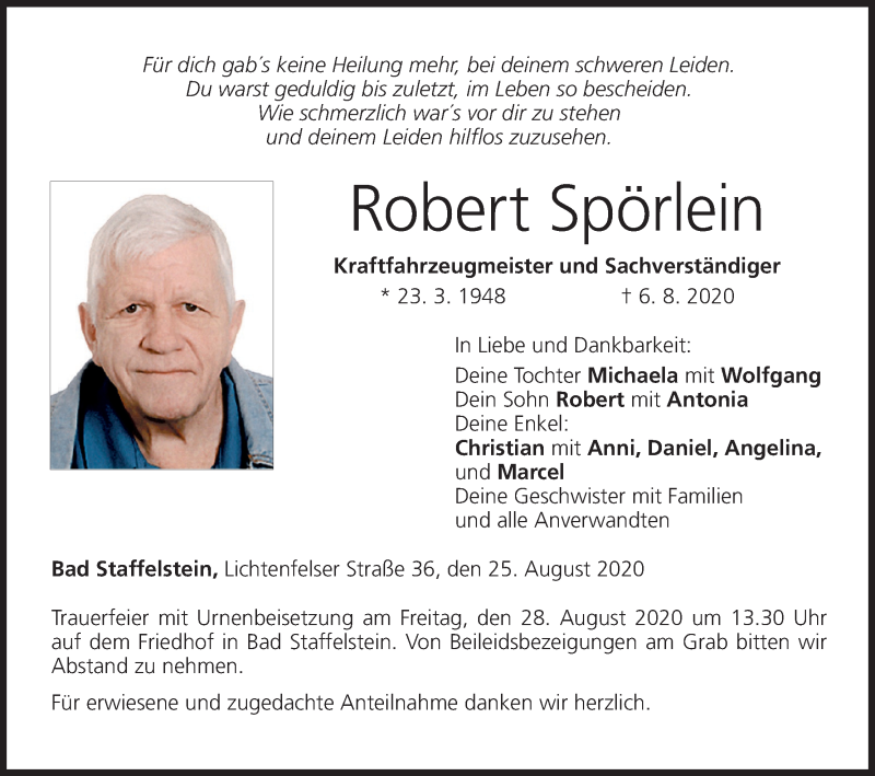  Traueranzeige für Robert Spörlein vom 25.08.2020 aus MGO