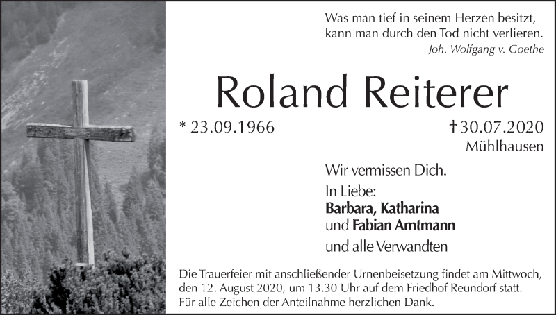  Traueranzeige für Roland Reiterer vom 08.08.2020 aus MGO