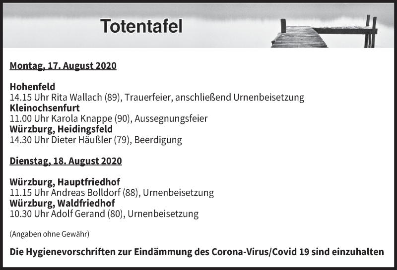  Traueranzeige für Totentafel vom 17.08.2020 vom 17.08.2020 aus MGO
