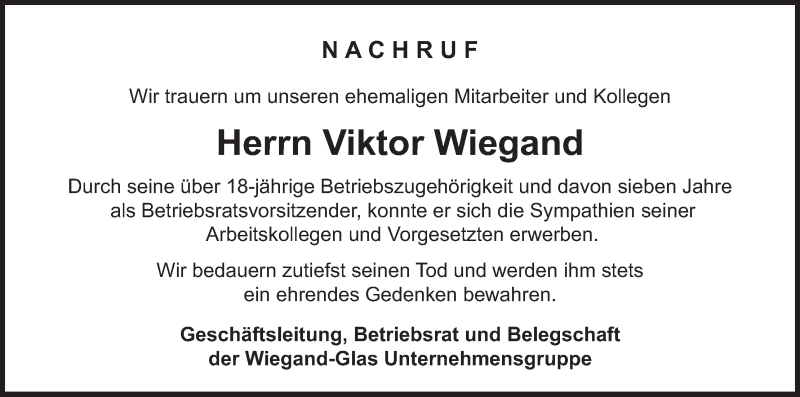  Traueranzeige für Viktor Wiegand vom 14.08.2020 aus MGO