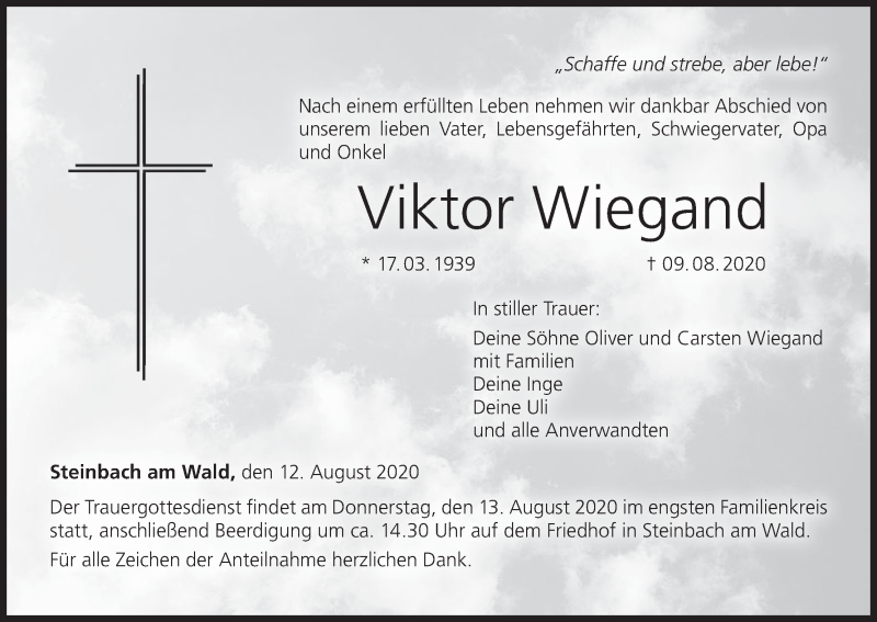  Traueranzeige für Viktor Wiegand vom 12.08.2020 aus MGO