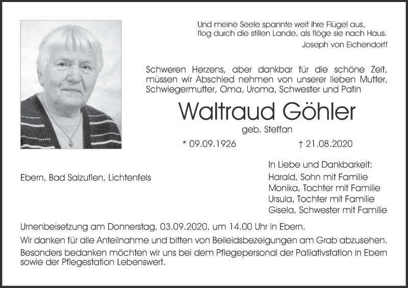  Traueranzeige für Waltraud Göhler vom 26.08.2020 aus MGO