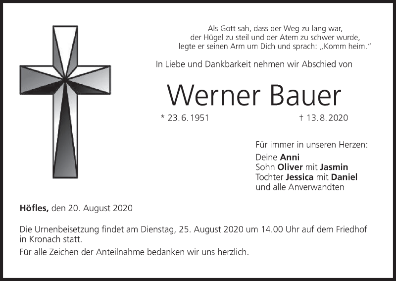  Traueranzeige für Werner Bauer vom 20.08.2020 aus MGO