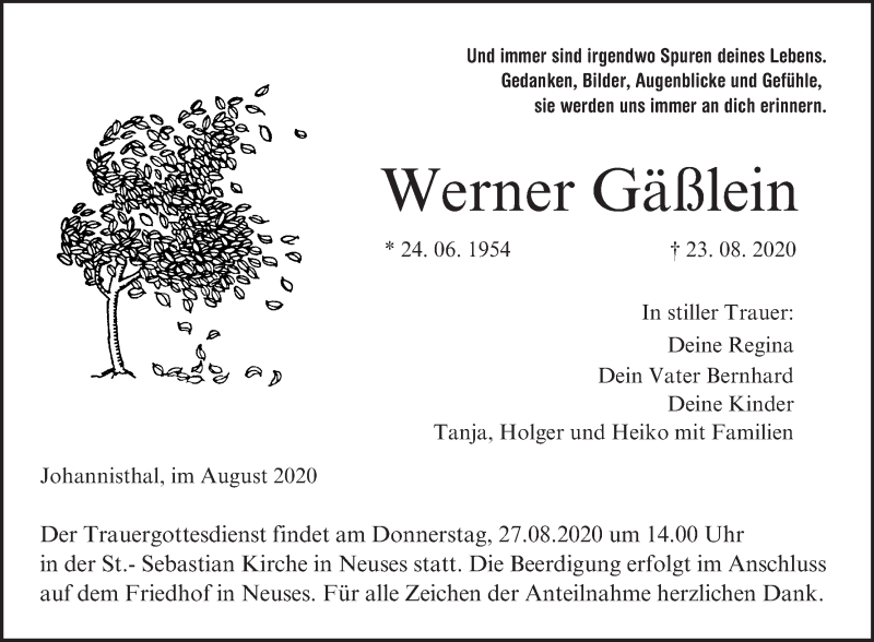  Traueranzeige für Werner Gäßlein vom 26.08.2020 aus MGO