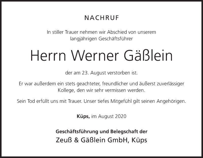  Traueranzeige für Werner Gäßlein vom 27.08.2020 aus MGO