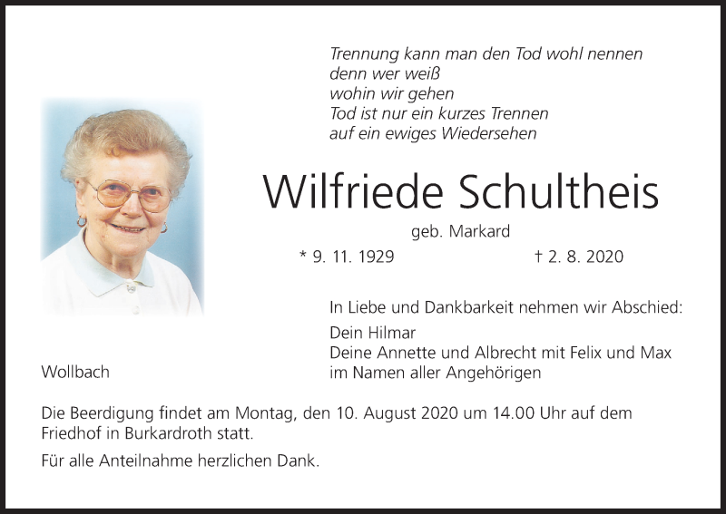 Traueranzeige für Wilfriede Schultheis vom 08.08.2020 aus MGO