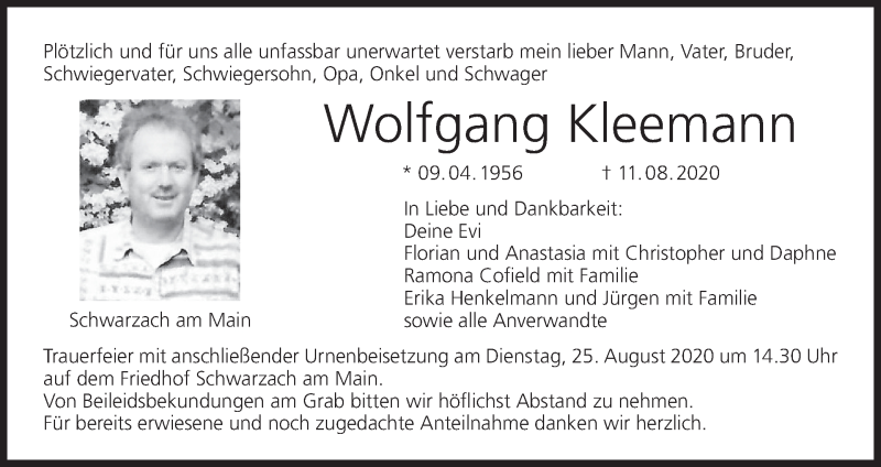  Traueranzeige für Wolfgang Kleemann vom 22.08.2020 aus MGO