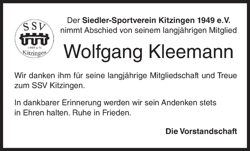  Traueranzeige für Wolfgang Kleemann vom 26.08.2020 aus MGO