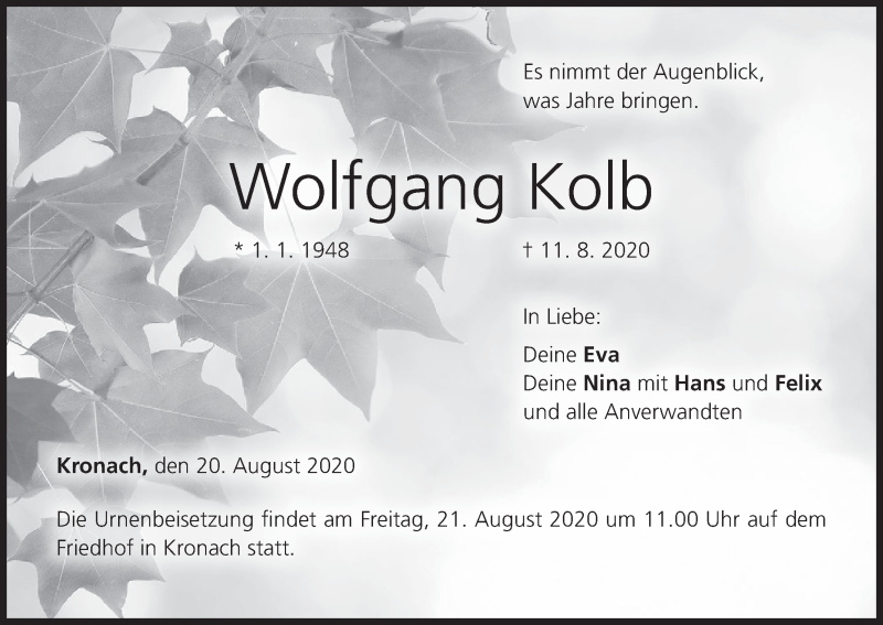  Traueranzeige für Wolfgang Kolb vom 20.08.2020 aus MGO