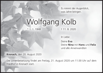 Anzeige von Wolfgang Kolb von MGO