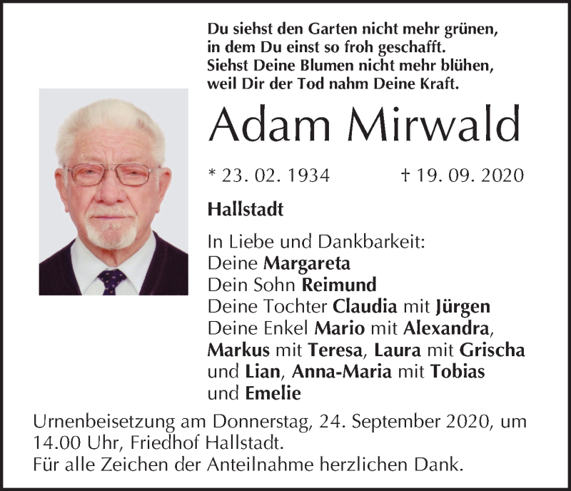  Traueranzeige für Adam Mirwald vom 22.09.2020 aus MGO