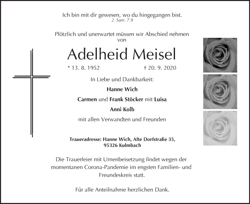  Traueranzeige für Adelheid Meisel vom 26.09.2020 aus MGO