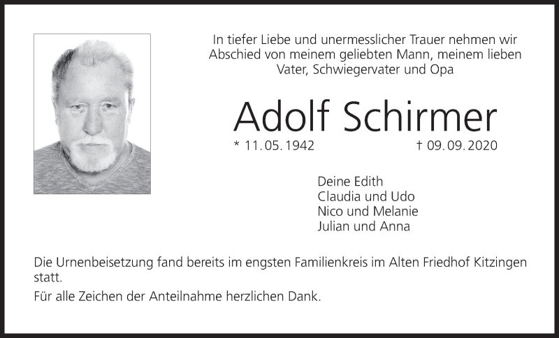  Traueranzeige für Adolf Schirmer vom 26.09.2020 aus MGO