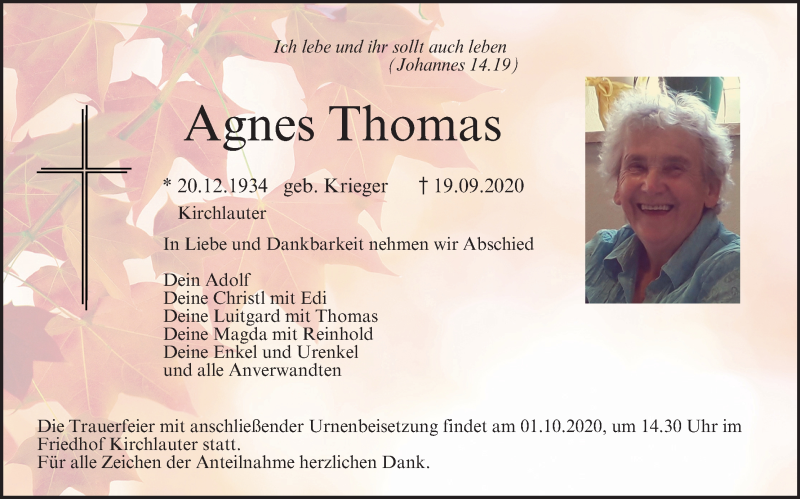  Traueranzeige für Agnes Thomas vom 29.09.2020 aus MGO