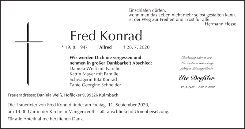  Traueranzeige für Alfred Konrad vom 08.09.2020 aus MGO