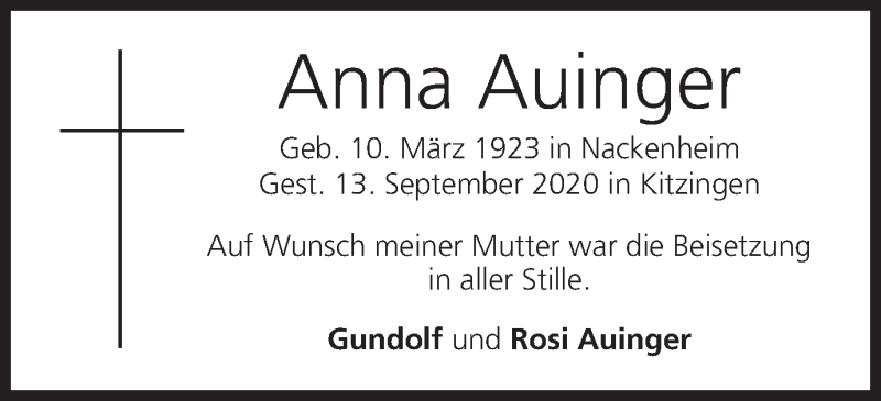 Traueranzeige für Anna Auinger vom 29.09.2020 aus MGO