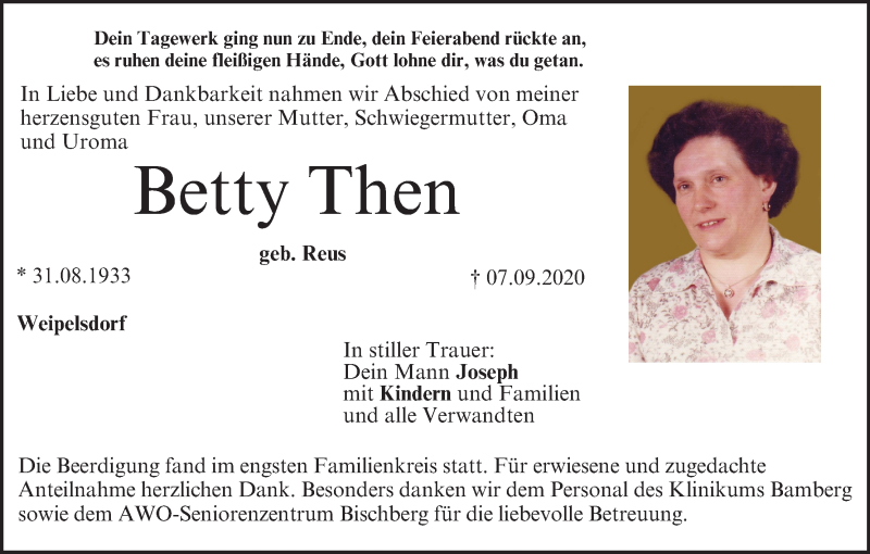  Traueranzeige für Betty Then vom 19.09.2020 aus MGO