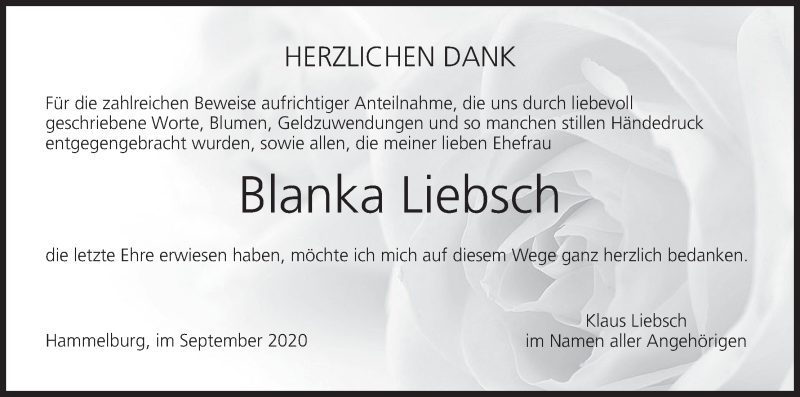  Traueranzeige für Blanka Liebsch vom 26.09.2020 aus MGO