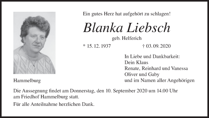  Traueranzeige für Blanka Liebsch vom 08.09.2020 aus MGO