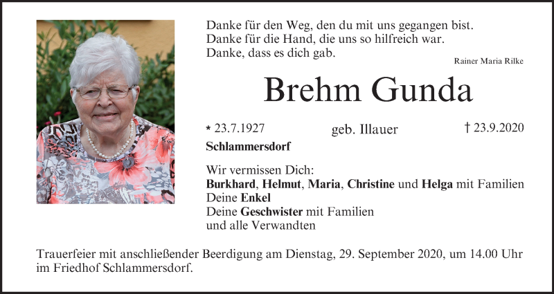  Traueranzeige für Brehm Gunda vom 26.09.2020 aus MGO
